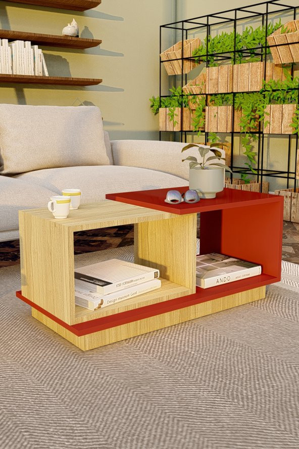 Ünüvar Konsept Dekoratif Orta Sehpa Meşe-Kırmızı - Resim 3