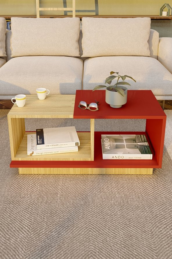 Ünüvar Konsept Dekoratif Orta Sehpa Meşe-Kırmızı - Resim 4