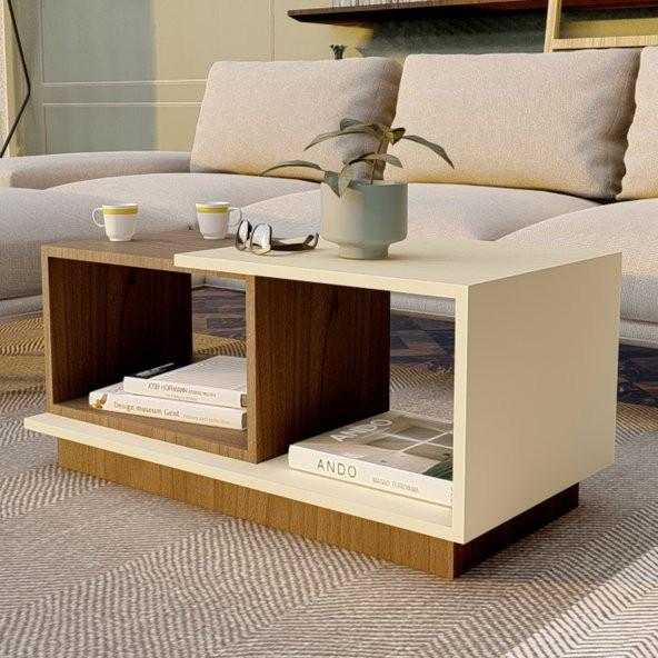 Dekoratif Orta Sehpa Ceviz-Krem - Resim 4