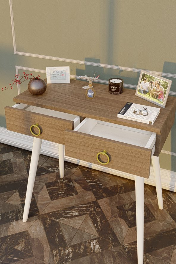Ahşap Ayaklı Çift Çekmeceli Modern Dresuar Ceviz - Beyaz Ayak - 2