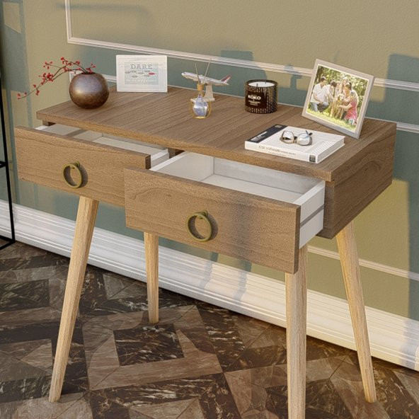 Ahşap Ayaklı Çift Çekmeceli Modern Dresuar Ceviz - Meşe Ayak - 3