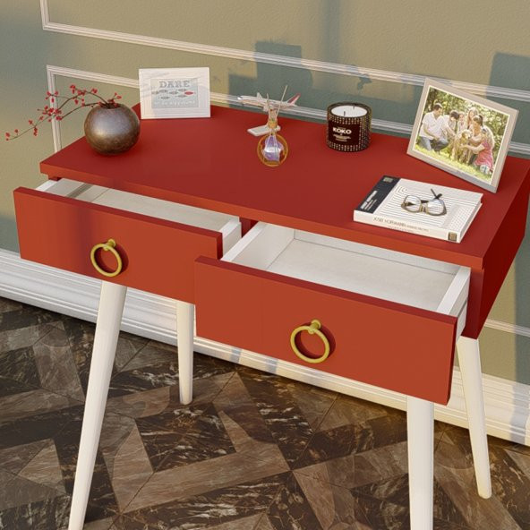 Ahşap Ayaklı Çift Çekmeceli Modern Dresuar Kırmızı - Beyaz Ayak - 5