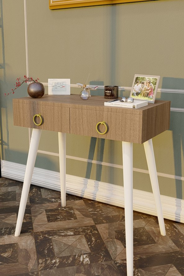 Ahşap Ayaklı Çift Çekmeceli Modern Dresuar Ceviz - Beyaz Ayak - 5