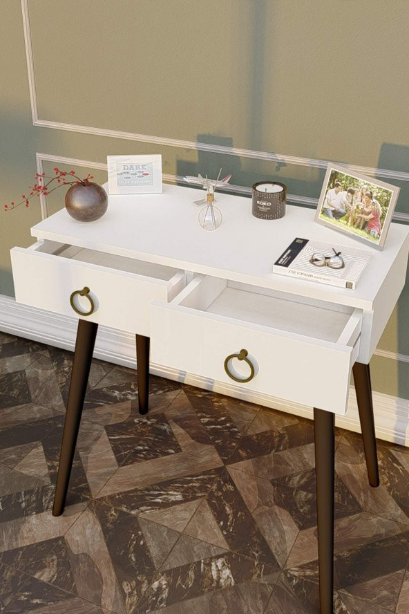 Ahşap Ayaklı Çift Çekmeceli Modern Dresuar  Beyaz - Siyah Ayak - 2