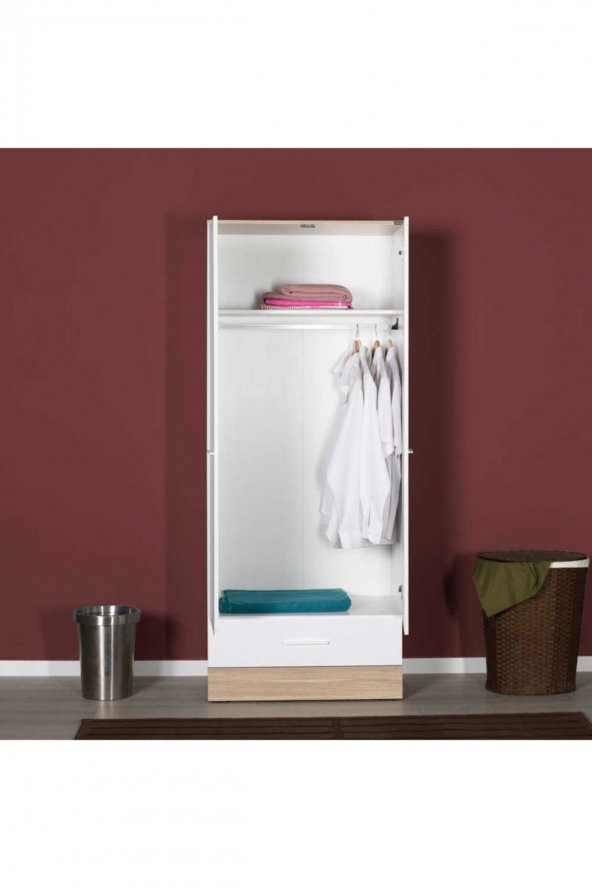 Base Genç Odası 2 Kapılı Tek Çekmeceli Gardırop - Meşe/beyaz ürün görseli