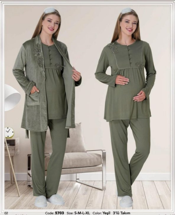 Mecit Pijama 5703 Yeşil Kadife Sabahlıklı Hamile Lohusa 3 Lü Pijama