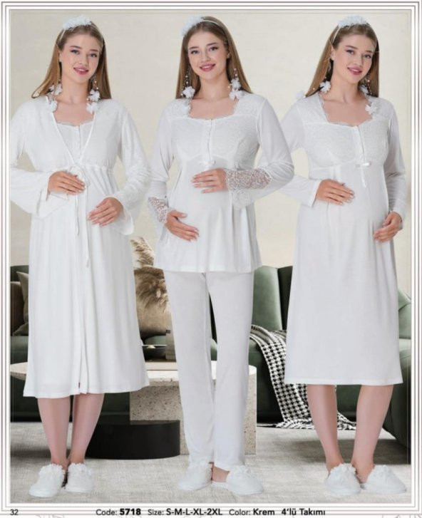 Mecit Pijama 5718 Ecru Sabahlıklı 4 Lü Hamile Lohusa Pijama Gecelik Tk - 2
