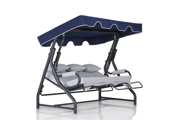 Salvia 3 Kişilik Yatarlı Salıncak - Bahçe Balkon Teras Salıncağı - Lacivert Çizgili Özel Dış Mekan Kumaş - 2