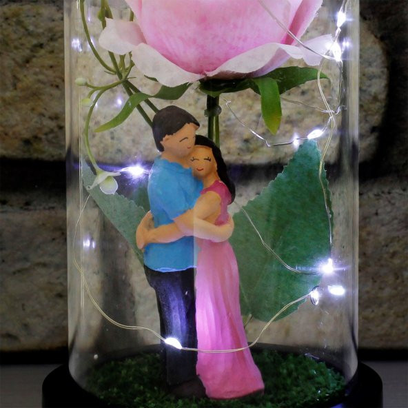 Pembe Beyaz Gül Altında Sarılan Aşıklar Temalı Led Işıklı Fanus - 2