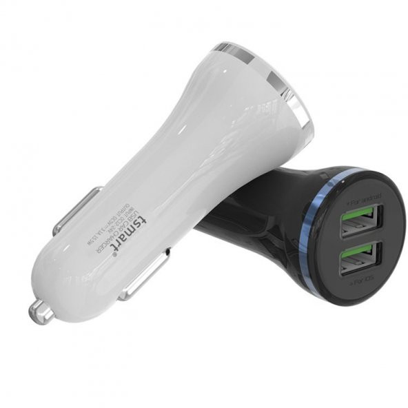 Tsmart iPhone Şarj Kablolu 2 USB iPhone 3,1A Araç Şarj Seti Beyaz TS-A24