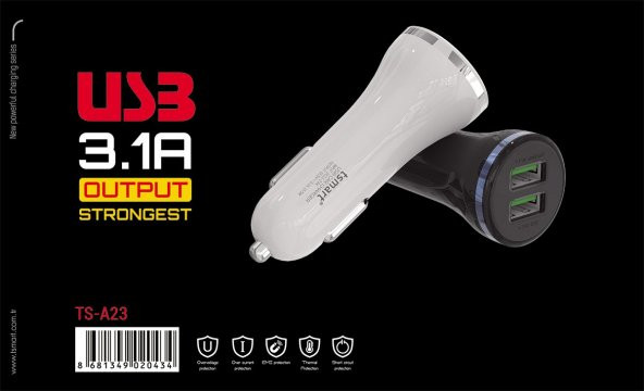 Tsmart iPhone Şarj Kablolu 2 USB iPhone 3,1A Araç Şarj Seti Beyaz TS-A24 - 4