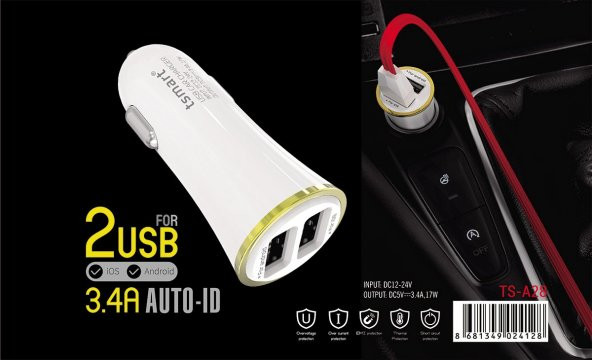 2 USB Çıkışlı 3,4A Araç Şarj Seti iPhone Şarj Kablolu Beyaz - 2