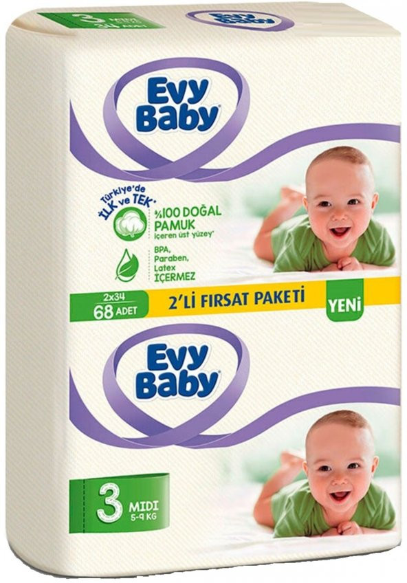 Evy Baby Bebek Bezi Beden:3 (5-9Kg) Midi 68 Adet (2 Li Fırsat Pk Serisi)