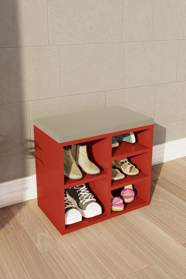 Ayakkabılık Beş Raflı Puflu - Kırmızı - Resim 2