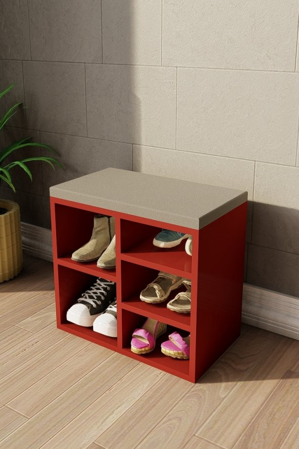 Ayakkabılık Beş Raflı Puflu - Kırmızı - Resim 3
