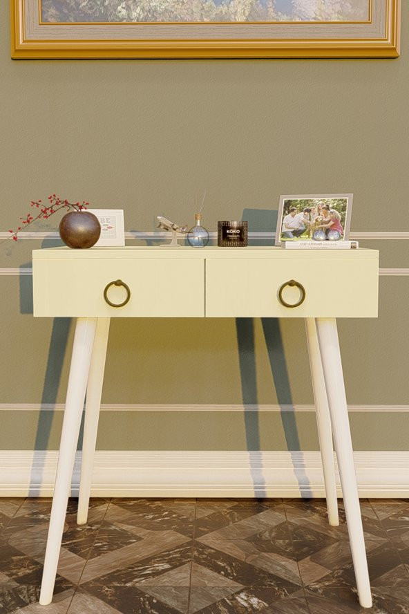 Ahşap Ayaklı Çift Çekmeceli Modern Dresuar Krem - Beyaz Ayak - 3