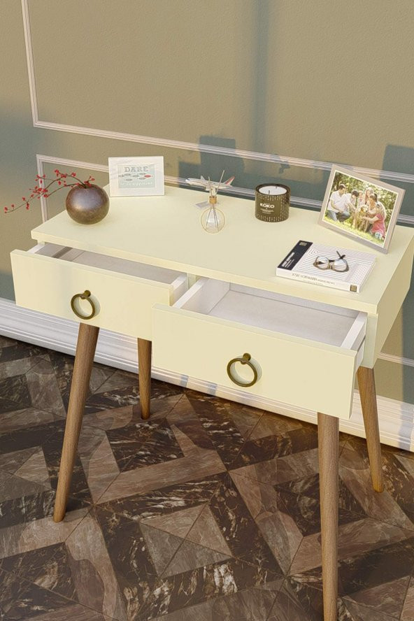 Ahşap Ayaklı Çift Çekmeceli Modern Dresuar Krem - Ceviz Ayak - 5