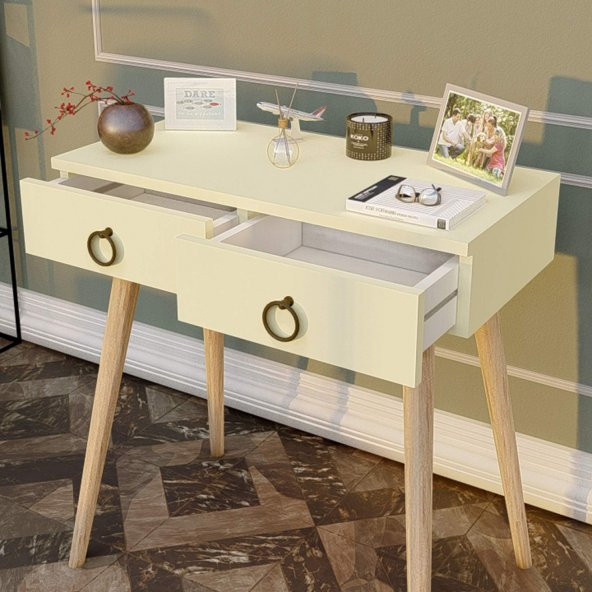 Ahşap Ayaklı Çift Çekmeceli Modern Dresuar Krem - Meşe Ayak - 4