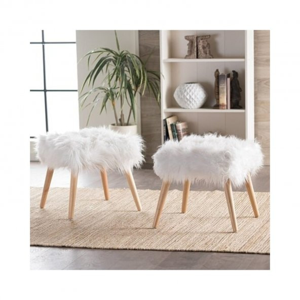 Ünüvar Konsept Puf & Benç 45*45-Ahşap Ayak Dökülmez Peluş Beyaz K1 - 2