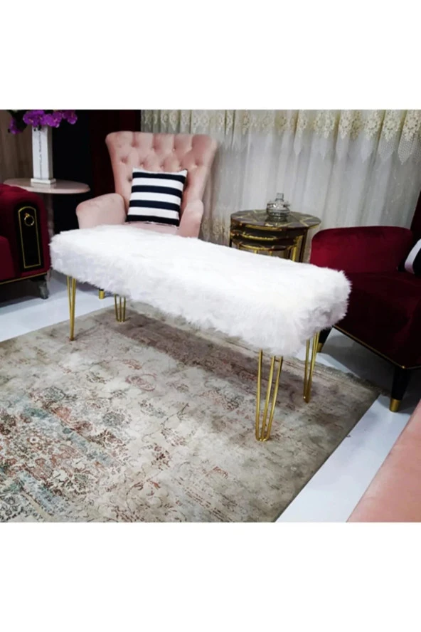 Ünüvar Konsept Puf & Benç 45*100-Gold Ayak Dökülmez Peluş Beyaz K1