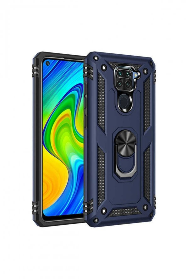 TahTicMer   Xiaomi Redmi Note 9 Kılıf Çift Katmanlı Yüzüklü Manyetik Vega Araç Tutucu Destekli Zırhlı Tank