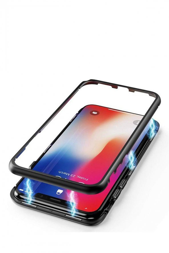 TahTicMer   Galaxy M30 M305 Kılıf Manyetik Bumper Mıknatıslı Arka Camlı Kapak Siyah