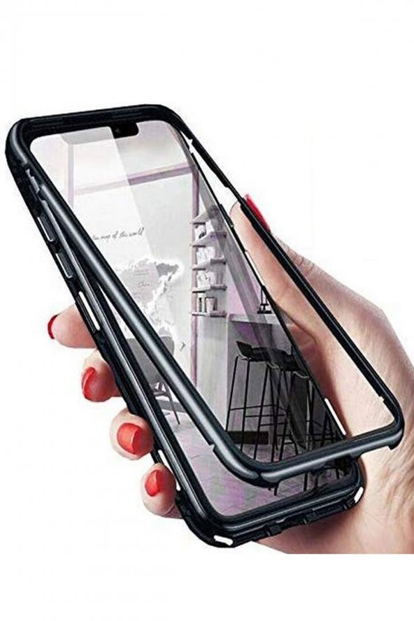 TahTicMer   Huawei P30 Lite Kılıf Manyetik Bumper Mıknatıslı Arka Camlı Siyah