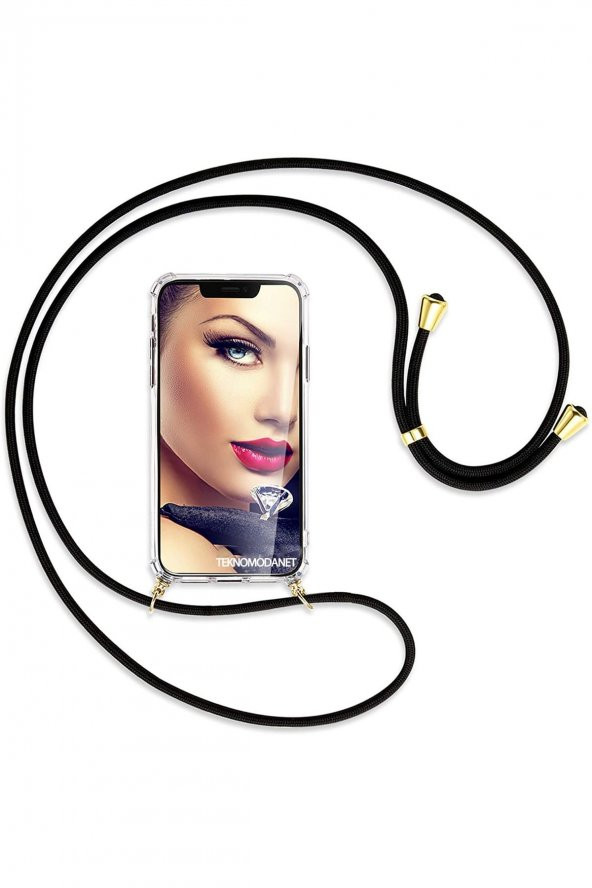 TahTicMer   Xiaomi Redmi Note 9 Pro Şeffaf Köşe Korumalı Kılıf Boyuna Asmalı Askılı İp