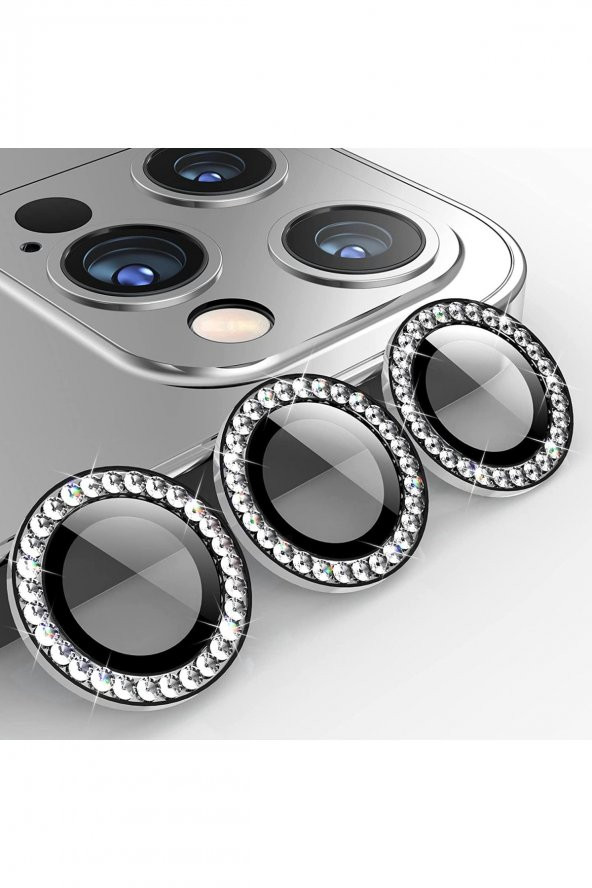 TahTicMer   Apple iphone 11 Pro Taşlı Kamera Lens Kırılmaz Cam Koruyucu Swarovski Taşlı Metal çerçeveli Lens