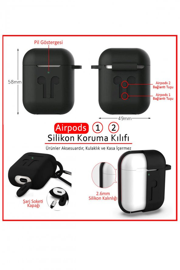 TahTicMer   Apple AirPods 1 2 Kılıf Kancalı Koruma Silikon Kapak - 4