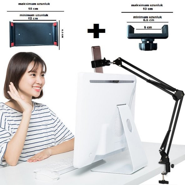 TahTicMer   Tablet - Telefon Standı Ayarlanabilir Masaüstü Süspansiyonlu Metal Yapı Masa Tutuculu Yayıncı Standı - 2