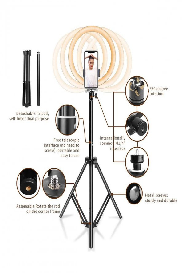 TahTicMer   Stüdyo Işığı Tripodlu Telefon Tutucu Stand Selfie Led Işıklı Youtuber Video Çekimi Ring Light - 2