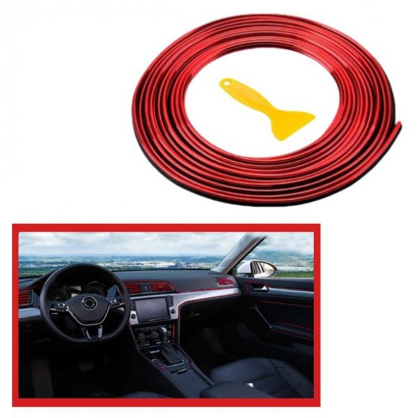 BUFFER® Kırmızı Araba Oto Trim Dekorasyon Şeridi Kauçuk Elastik Kolay Kurulum 5 metre Şerit Bant - 1