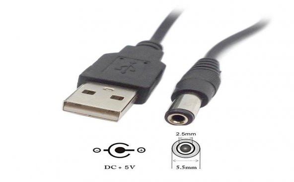 WellHise USB 2.0 A Tipi Erkek - 5.5 x 2.5mm DC 5V Çevirici - 2