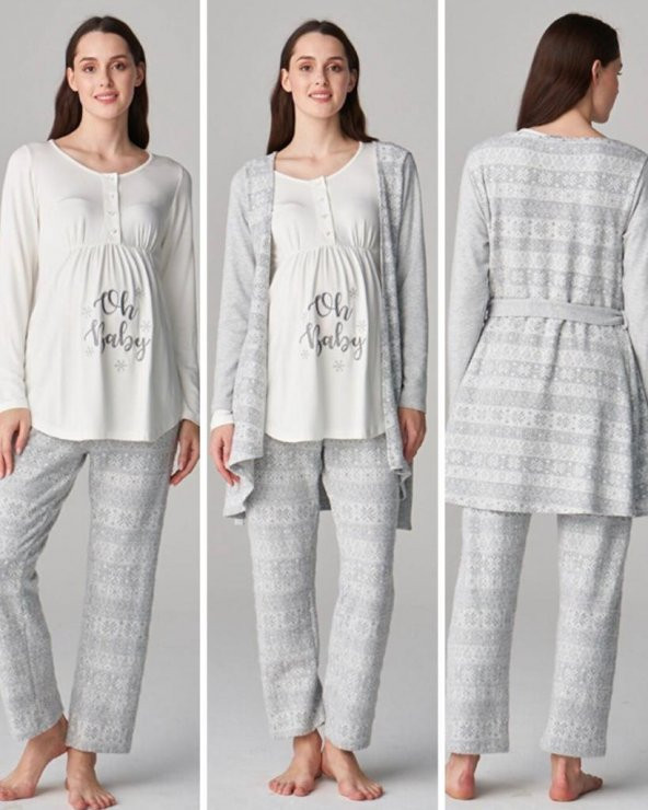 Feyza Pijama 4657 Gri  3Lü Hamile Lohusa Pijama Sabahlık Tk - 3
