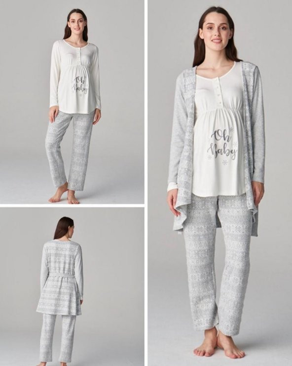 Feyza Pijama 4657 Gri  3Lü Hamile Lohusa Pijama Sabahlık Tk - 7
