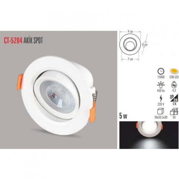Cata 5 Adet Ct 5204 Cata 5 W Sıva Altı LED Spot Beyaz 6500K - 2