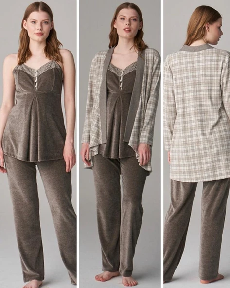 Feyza Pijama 4623 Antrasit Elan  3Lü Hamile Lohusa Pijama Sabahlık Tk - 4