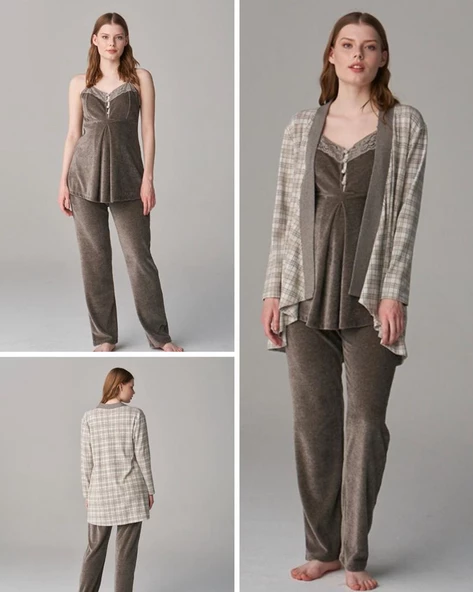 Feyza Pijama 4623 Antrasit Elan  3Lü Hamile Lohusa Pijama Sabahlık Tk - 6