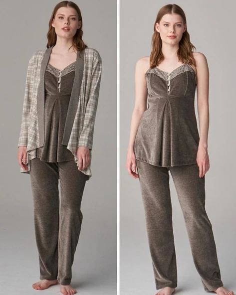 Feyza Pijama 4623 Antrasit Elan  3Lü Hamile Lohusa Pijama Sabahlık Tk - 7