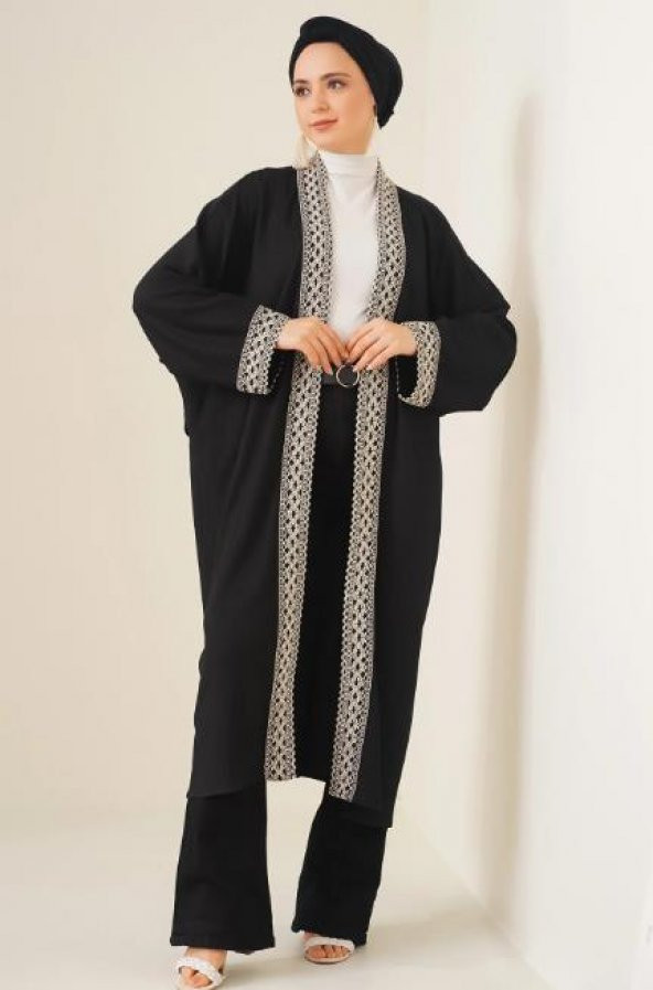 Kadın Nakışlı Örme Uzun Kimono Siyah