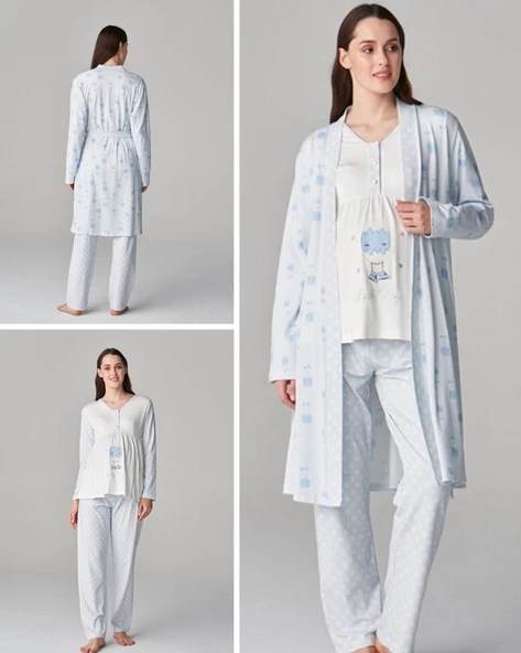 Feyza Pijama 4677 Mavi Mari 3Lü Hamile Lohusa Pijama Sabahlık Tk - 8