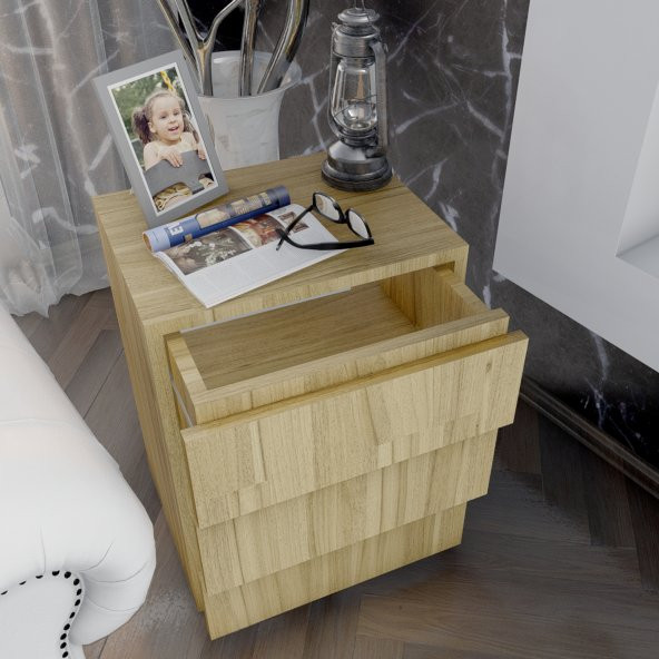 Emre Üç Çekmeceli Modern Komodin - Meşe k1 - Resim 4