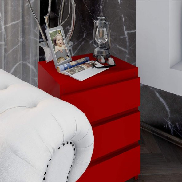 Ünüvar Konsept Emre ÜÇ Çekmeceli Modern Komodin Kırmızı k1 - Resim 2