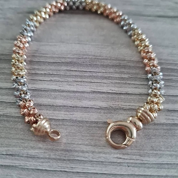 İtaly 14K Dorika Altın Bileklik Tricolor 7 mm - Resim 4