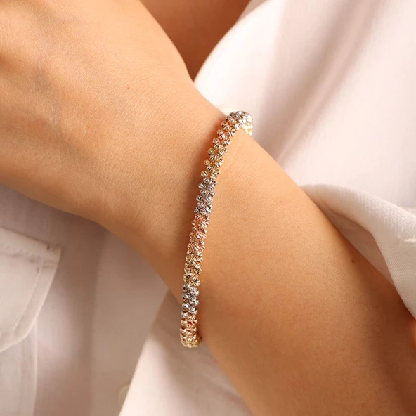 İtaly 14K Dorika Altın Bileklik Tricolor 7 mm - Resim 2