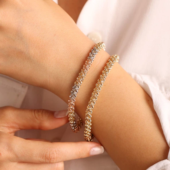 İtaly 14K Dorika Altın Bileklik Tricolor 7 mm - Resim 3