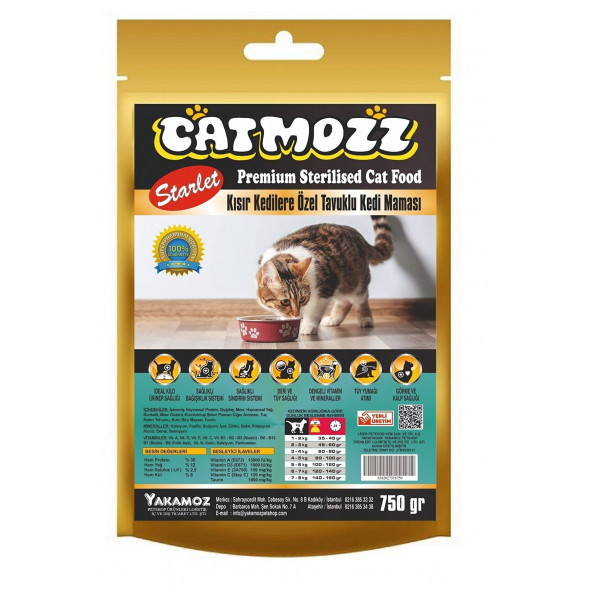 CatMozz Starlet Sterilised Tavuklu Seçiçi Kedilere Özel Kısır Yetişkin Kedi Maması 750 Gr Kilitli Paket