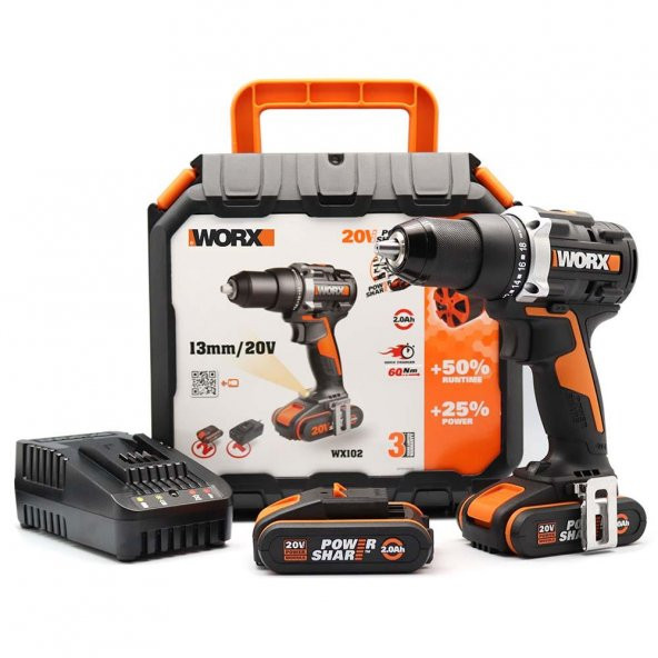 WORX WX102 20Volt/2.0Ah Li-ion Çift Akülü Kömürsüz Profesyonel Şarjlı Matkap ürün görseli 1