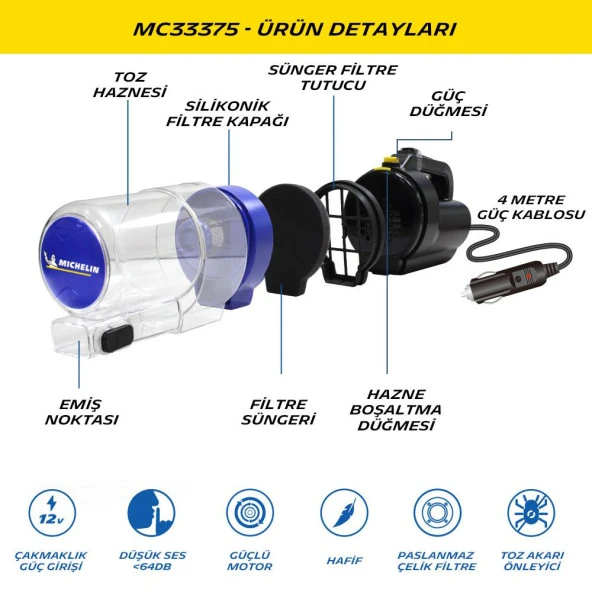Michelin MC33375 12Volt/150Watt Araç Süpürgesi + 4 Parça Aksesuar Seti - 5